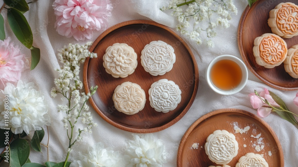 Chinese Mid Autumn Festival food snowskin moon cakes arranged wooden plates with tea set and florals Chinese Mid Autumn Festival food snowskin moon cakes arranged wooden plates with tea set and florals