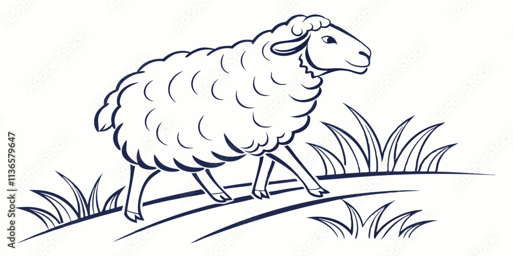 Fototapeta premium Vector Sheep Line Art, isolated white background