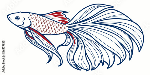 Vector Siamese fish Line Art, isolated white background