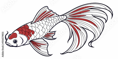 Vector Siamese fish Line Art, isolated white background