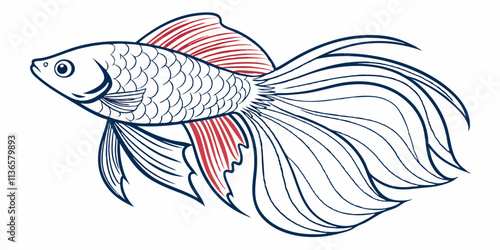 Vector Siamese fish Line Art, isolated white background