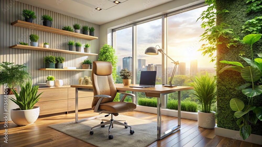 Modern Office Space with Sleek Chair and Desk Bathed in Natural Light, Showcasing Minimalist Design and Low Light Photography Techniques for a Cozy Ambiance Modern Office Space with Sleek Chair and Desk Bathed in Natural Light, Showcasing Minimalist Design and Low Light Photography Techniques for a Cozy Ambiance