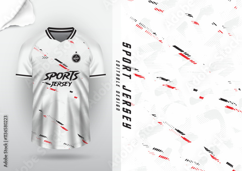 Jersey design, jersey, football, soccer, futsal, running, badminton, tennis, exercise, rugby, grunge pattern, surface, white, black, red