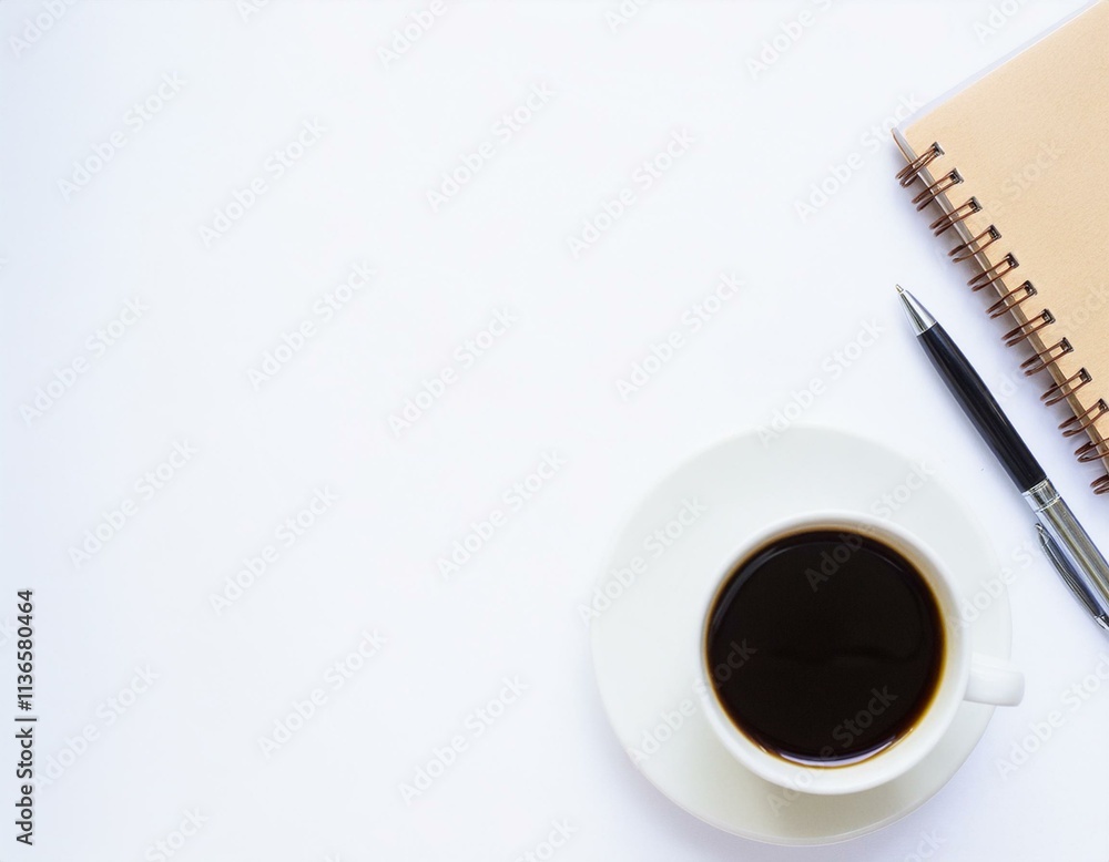Office desk table with paper work, notebook and coffee cup; top view on white background Office desk table with paper work, notebook and coffee cup; top view on white background