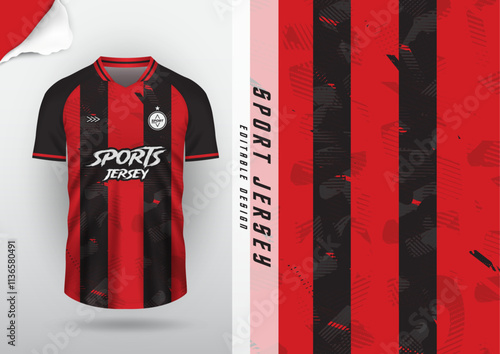 Jersey design, jersey, football, soccer, futsal, running, badminton, tennis, exercise, rugby, surface pattern, red, black stripes