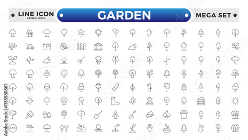 Set of garden icons. Growing seedlings and plant shoots. Agriculture and gardening. Biotechnology plants. Sowing seeds. Editable stroke outline icon.
