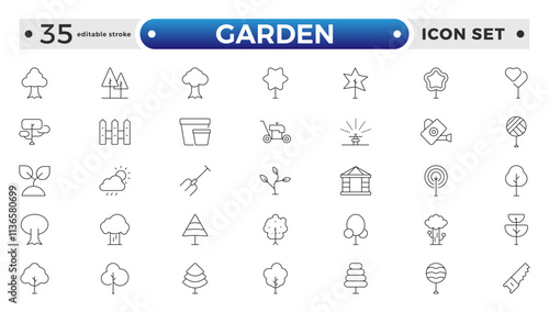 Set of garden icons. Growing seedlings and plant shoots. Agriculture and gardening. Biotechnology plants. Sowing seeds. Editable stroke outline icon.
