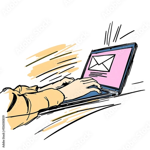 Illustration of a man using a laptop computer and sending an email photo