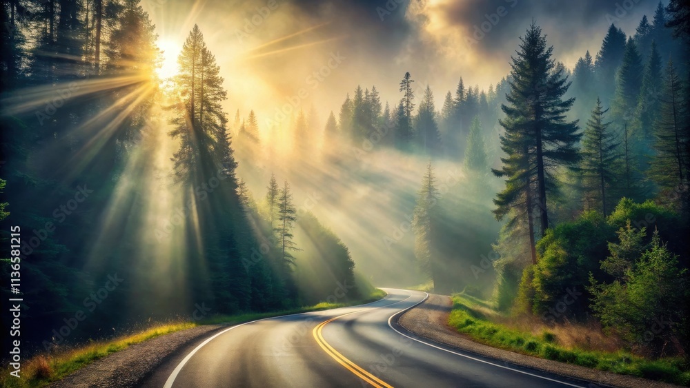 Fototapeta premium Serene Sunrise Winding Road Through Misty Forest with Golden Sunbeams