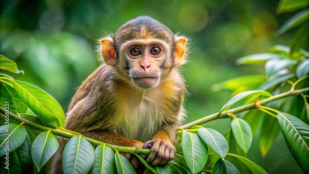 Fototapeta premium Monkey Treetop Wildlife Photography: Generative AI Image, Jungle Primate, Animal Portrait, Wild Monkey, Treetop Habitat