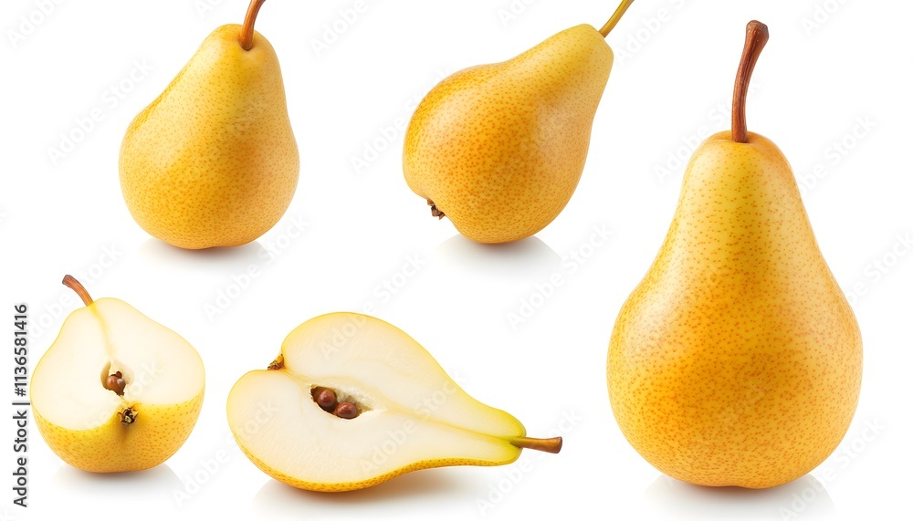 A set of Yellow pear isolated on a white background. It includes whole,halved and slice, all with full depth of field. --ar 7:4 A set of Yellow pear isolated on a white background. It includes whole,halved and slice, all with full depth of field. --ar 7:4