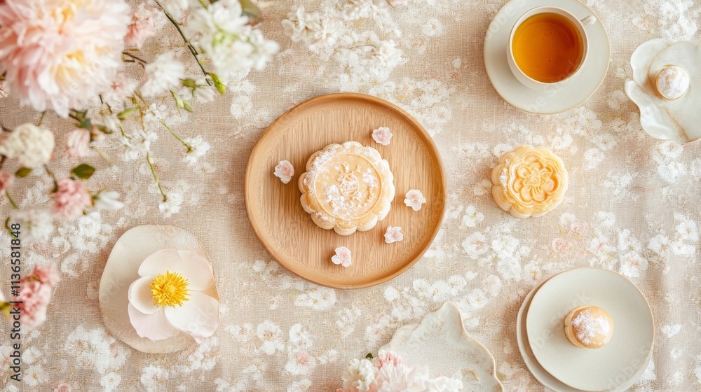 Chinese Mid Autumn Festival food snowskin moon cakes arranged wooden plates with tea set and florals Chinese Mid Autumn Festival food snowskin moon cakes arranged wooden plates with tea set and florals