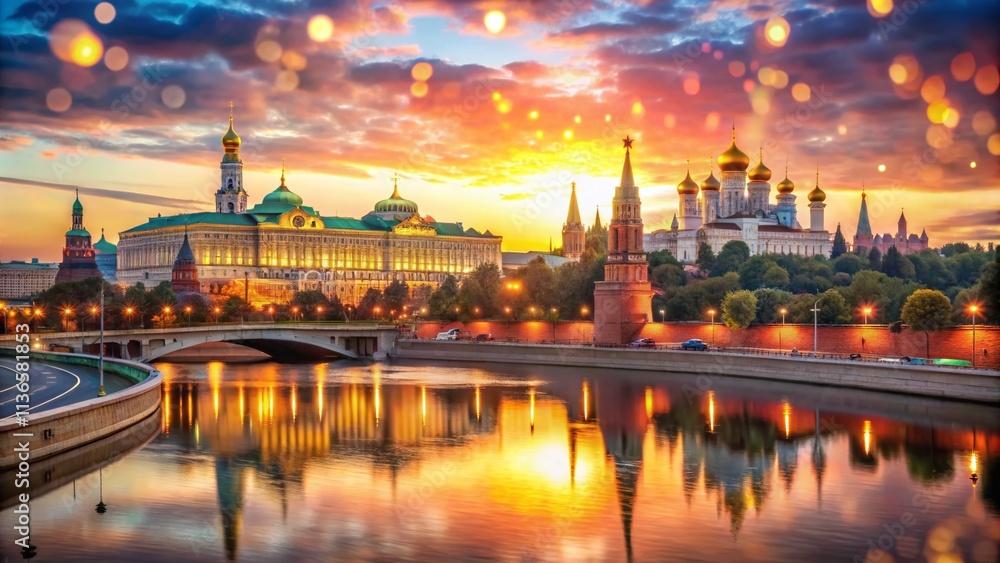 Obraz premium Moscow Kremlin Bokeh Photography: Grand Palace, Cathedrals, Moskva River