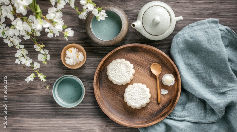Chinese Mid Autumn Festival food snowskin moon cakes arranged wooden plates with tea set and florals Chinese Mid Autumn Festival food snowskin moon cakes arranged wooden plates with tea set and florals