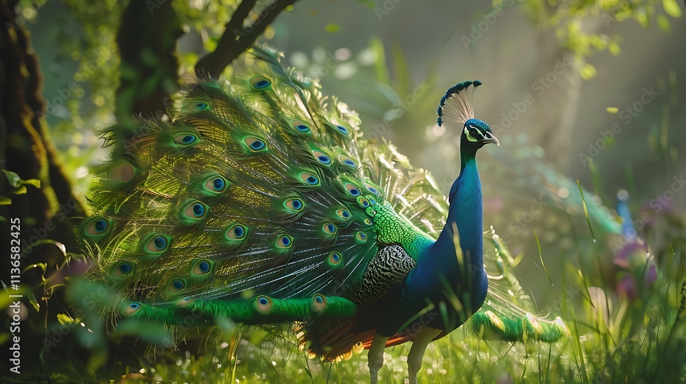 Obraz premium peacock spreading its vibrant feathers in an open grassy area.