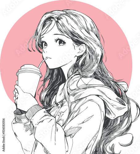 Anime girl in a hoodie drinking warm coffee takeaway outline design with pink circle on a background