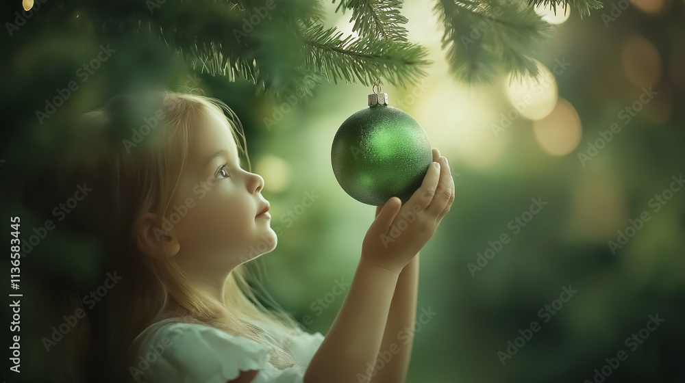 Naklejka premium A little girl placing a beautiful emerald green Christmas bauble on a tree