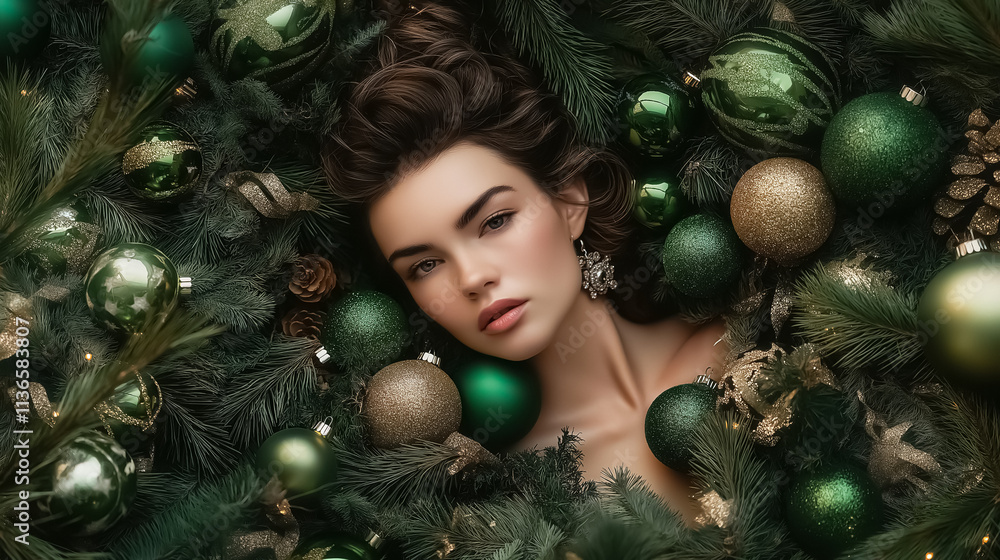 Lady lying surrounded by Christmas green baubles and elegant decor, luxurious holiday vibe Lady lying surrounded by Christmas green baubles and elegant decor, luxurious holiday vibe