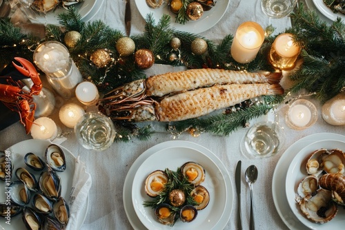 Festive Seafood Dinner Table Setting with Lobster photo