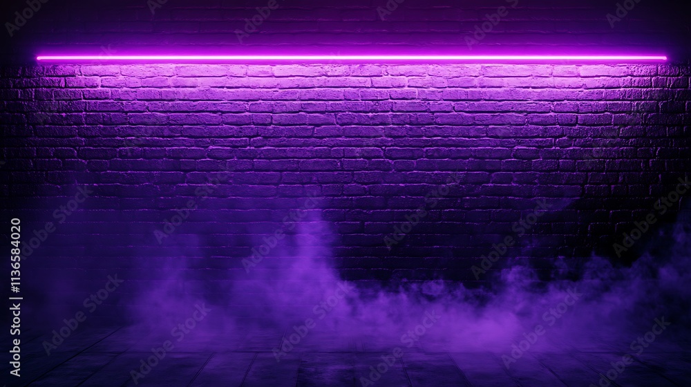 Abstract scene with a dark brick wall illuminated by purple neon light, smoke enveloping an empty room ready for a night party or photo shoot. Abstract scene with a dark brick wall illuminated by purple neon light, smoke enveloping an empty room ready for a night party or photo shoot.