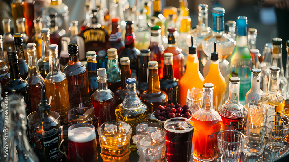 A Colorful Collection of Alcoholic Beverages: A vibrant and diverse array of liquor bottles, showcasing various colors, shapes, and sizes. Perfect for showcasing a bar, restaurant. A Colorful Collection of Alcoholic Beverages: A vibrant and diverse array of liquor bottles, showcasing various colors, shapes, and sizes. Perfect for showcasing a bar, restaurant.