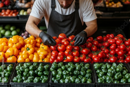 A supermarket stocker arranging fresh produce on a colorful display, focusing on neatness and presentation. Generative AI photo