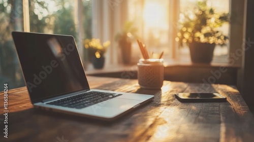 Wallpaper Mural laptop on wooden desk at sunset Torontodigital.ca