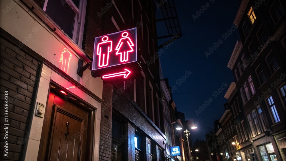 Neon Gender Signs Indicating Male and Female Restrooms in Low Light Setting with Glowing Lines Against a Dark Background for Bathroom Directional Signage Neon Gender Signs Indicating Male and Female Restrooms in Low Light Setting with Glowing Lines Against a Dark Background for Bathroom Directional Signage