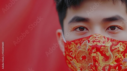 Chinese new year. Man at festival wearing traditional Chinese masked costume, with copy space photo