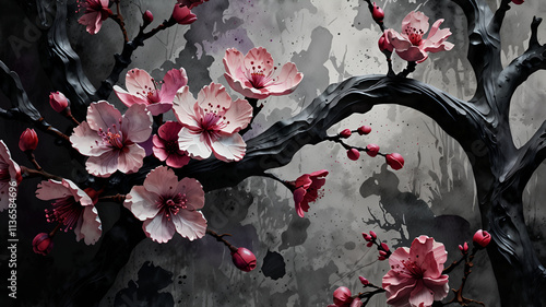 watercolor art, Prints with purple flowers on grey, in the style of relief sculpture, cherry blossoms, dark pink and black, textured shading, hard edge painting, monochrome painting, colorful.