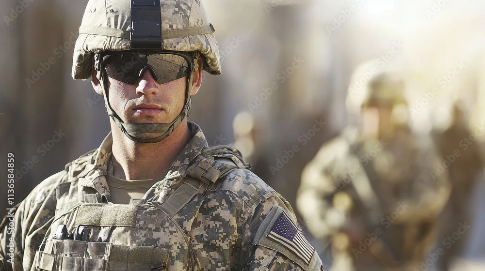 American soldier in camouflage uniform with sunglasses, standing alert. background features other soldiers, creating sense of military readiness and teamwork American soldier in camouflage uniform with sunglasses, standing alert. background features other soldiers, creating sense of military readiness and teamwork