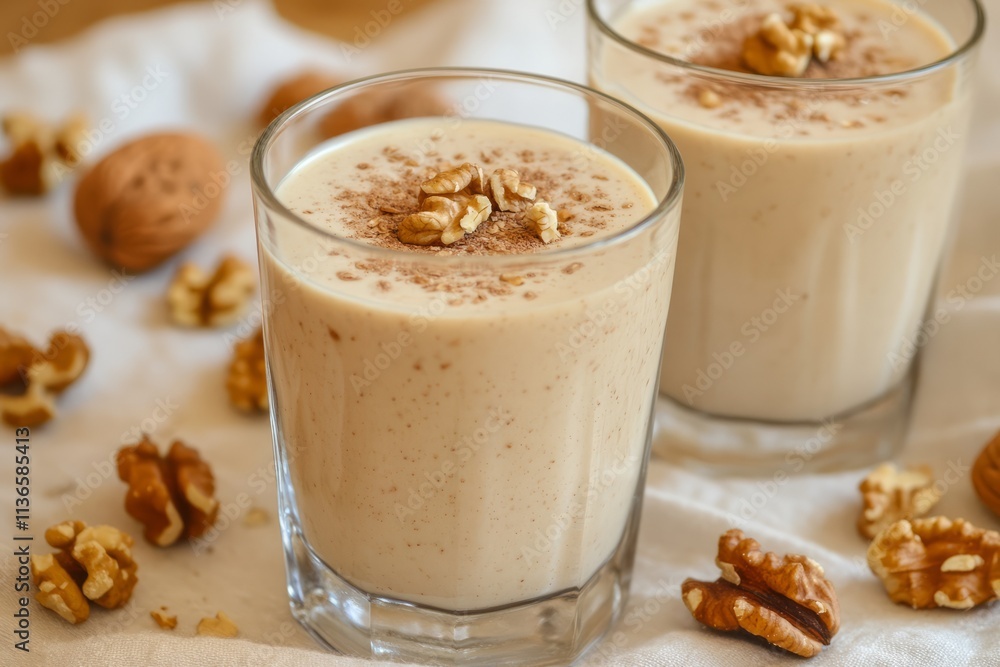 Two glasses of walnut smoothie decorated with cinnamon and walnuts, promoting healthy eating and nutritious snacks Two glasses of walnut smoothie decorated with cinnamon and walnuts, promoting healthy eating and nutritious snacks