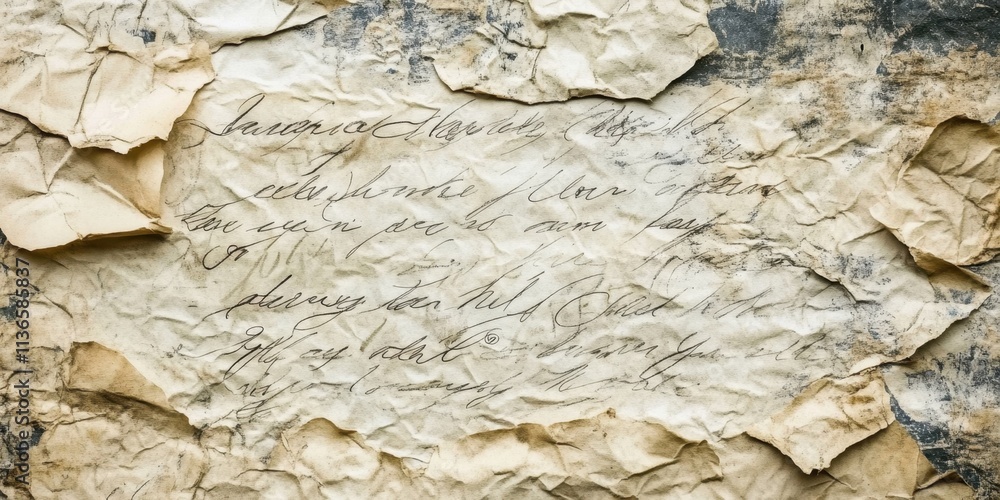 A crumpled piece of paper holds a delicate handwritten letter, featuring faded ink and an intimate message, suggesting a personal connection from the past. Generative AI A crumpled piece of paper holds a delicate handwritten letter, featuring faded ink and an intimate message, suggesting a personal connection from the past. Generative AI