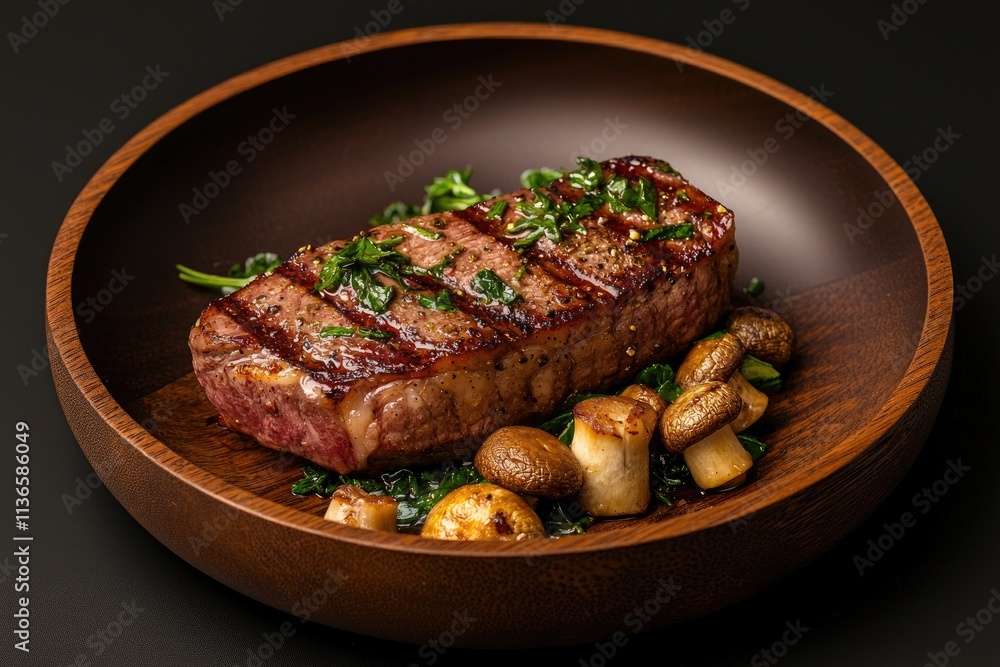 Grilled Steak Served With Mushrooms and Greens Grilled Steak Served With Mushrooms and Greens