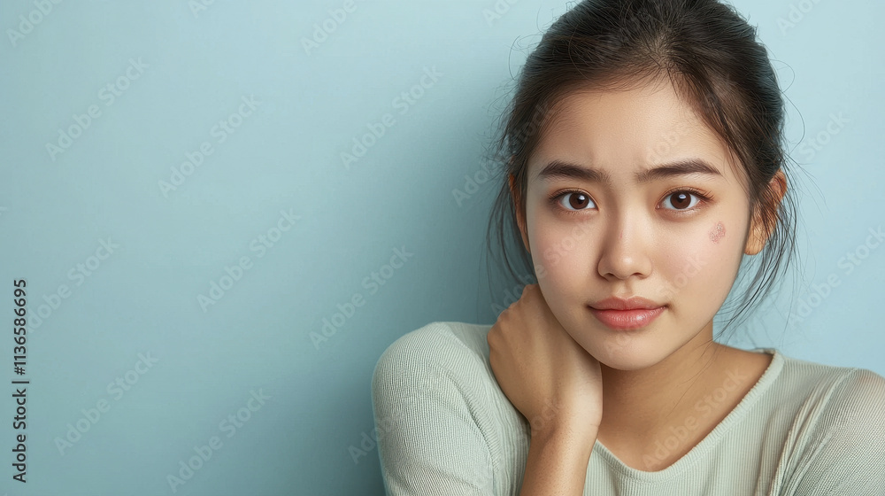 young Asian girl with thoughtful expression against light blue background, showcasing her natural beauty and soft features. Her gentle demeanor evokes sense of calm and introspection young Asian girl with thoughtful expression against light blue background, showcasing her natural beauty and soft features. Her gentle demeanor evokes sense of calm and introspection