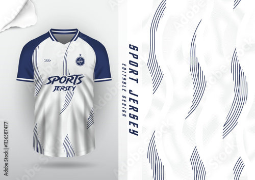 Jersey design, jersey football, soccer futsal, running, badminton, tennis, exercise, rugby, stripes and halftone, white, navy blue