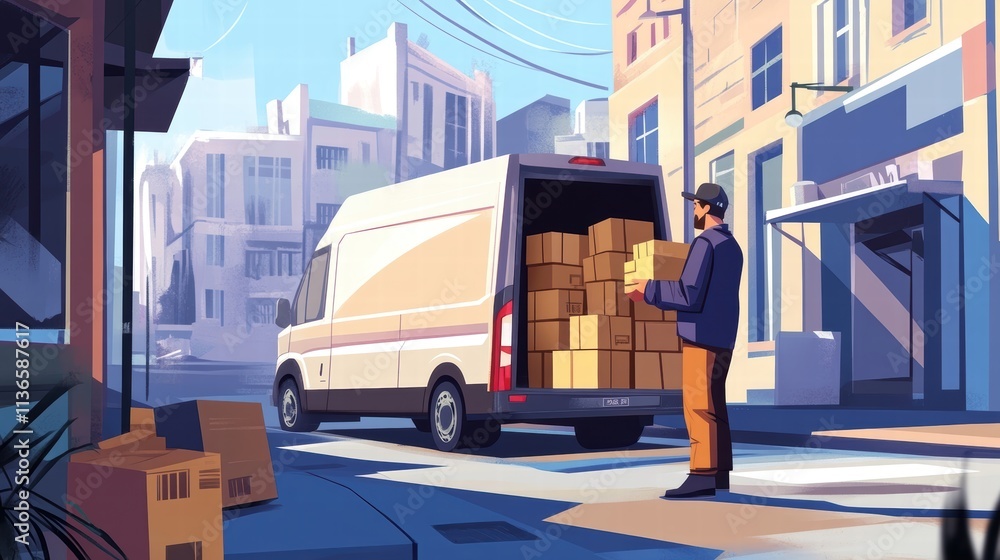 delivery man unloading cardboard boxes from van in city street delivery man unloading cardboard boxes from van in city street