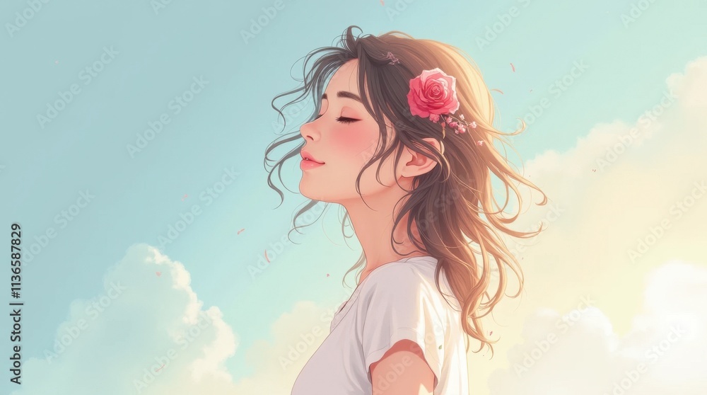 A Gentle Girl in White, Comic Style Illustration A Gentle Girl in White, Comic Style Illustration