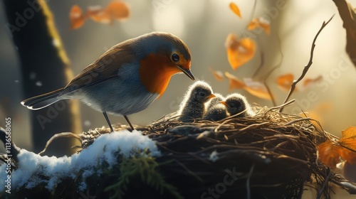 A mother robin bird tenderly watches over her three baby chicks nestled in a cozy nest, surrounded by the soft glow of the winter sun.