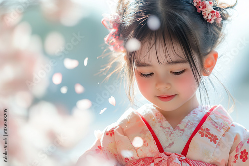 little girl in a Japanese national costume with sakura blossom petals in the background. Blank empty space for text