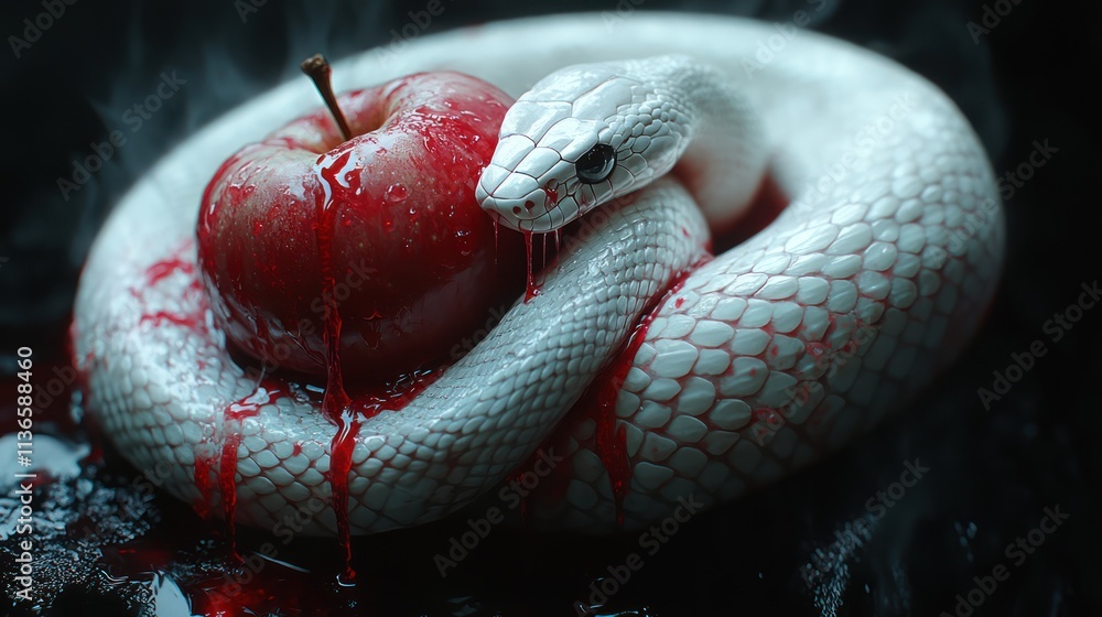 Obraz premium White snake coiled around a bloody apple.