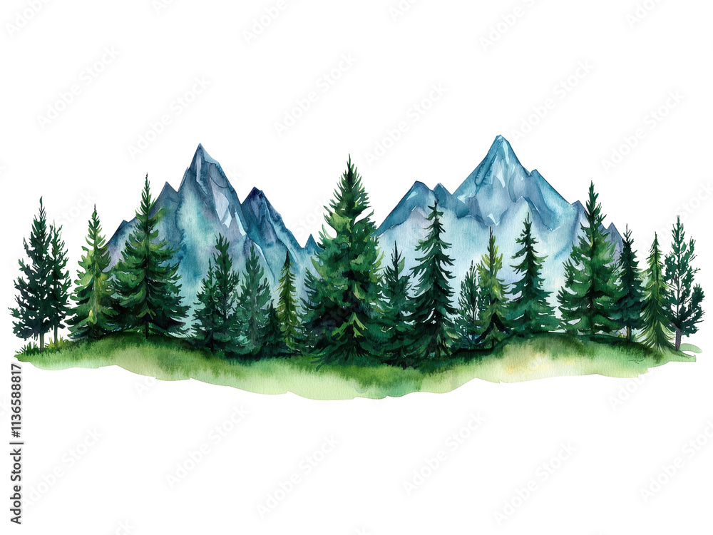 Fototapeta premium Stunning Watercolor Landscape Illustration Featuring Majestic Mountains and Lush Greenery