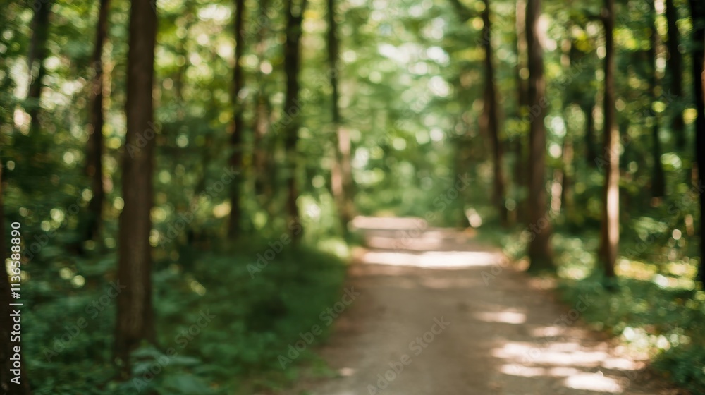 Naklejka premium Serene Pathway Through Lush Green Forest Surrounded by Tall Trees and Natural Light Filtering Through Leaves in a Peaceful Environment