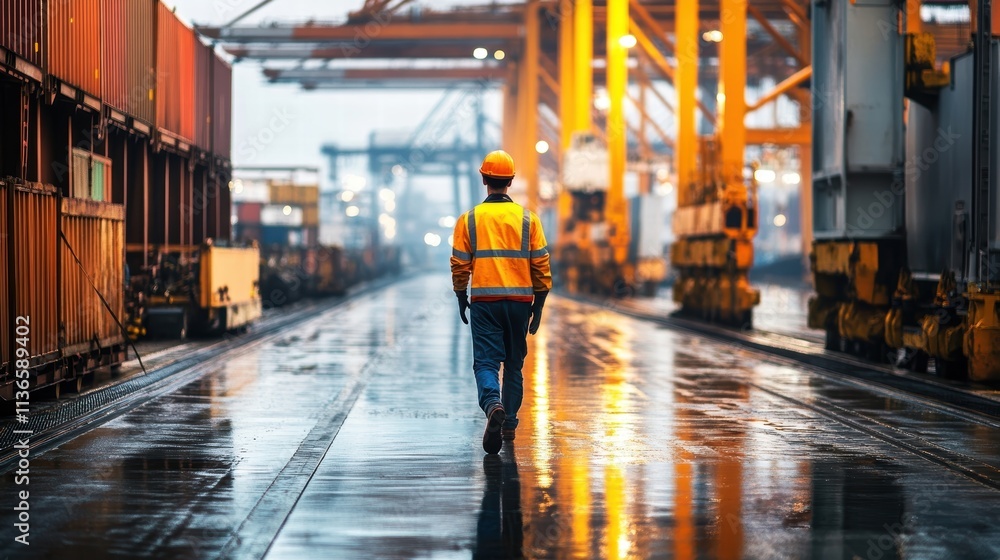 Fototapeta premium dockworker walking in rain at container terminal