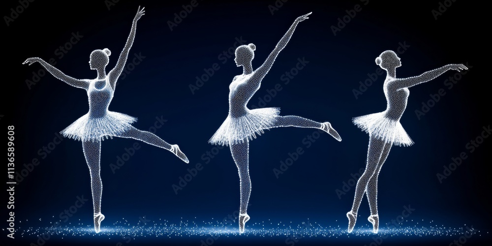Three glowing ballerinas made of delicate light particles perform elegant poses against a dark blue gradient background, symbolizing grace, precision, and modern digital artistry. Three glowing ballerinas made of delicate light particles perform elegant poses against a dark blue gradient background, symbolizing grace, precision, and modern digital artistry.