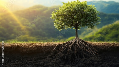 Wallpaper Mural A young tree stands tall against a sunlit backdrop, its roots firmly planted in the earth.  A symbol of growth and resilience. Torontodigital.ca