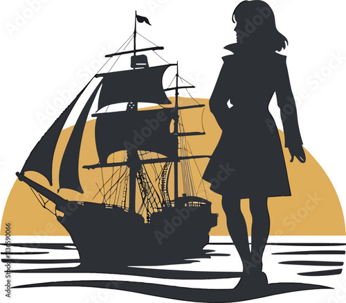 A logo with a silhouette of a woman standing on a merchant ship