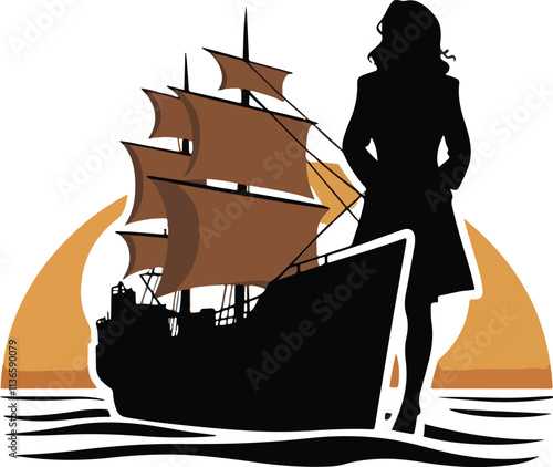 A logo with a silhouette of a woman standing on a merchant ship