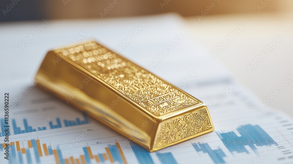 Fototapeta premium Gold Bullion Bar on Financial Charts Representing Investment and Wealth in Economic Market and Financial Growth with Shiny Golden Surface Reflecting Light