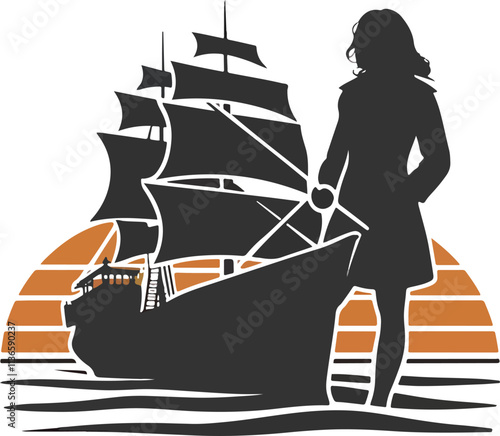 A logo with a silhouette of a woman standing on a merchant ship